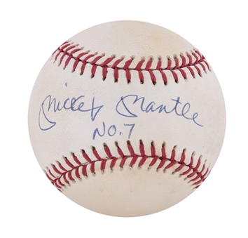 Mickey Mantle Signed & "No. 7" Inscribed OAL Brown Baseball (UDA & JSA)